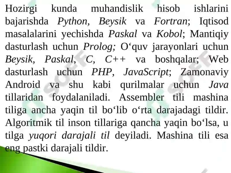 Dastur tushunchasi. Masalani tayyorlash va yechish bosqichlari. Dastur tuzish texnologiyalari. Zamonaviy dasturiy vositalar tasnifi. 5