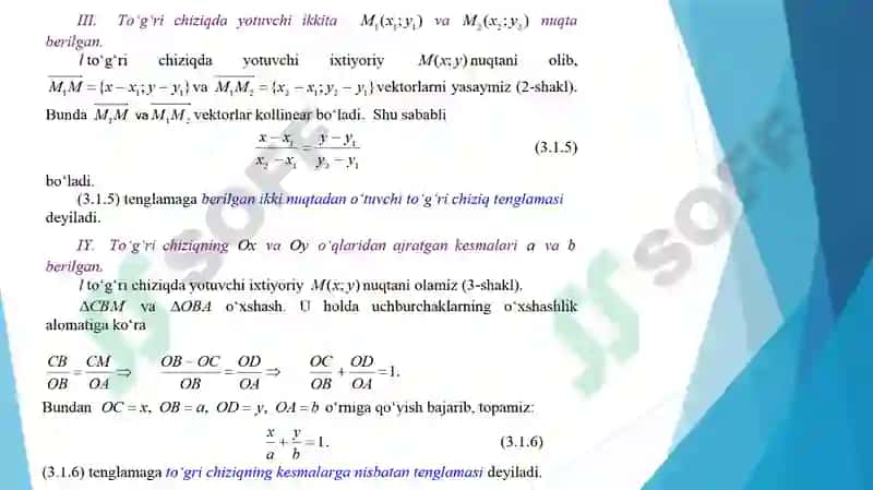 Tekislikda to’g’ri chiziq tenglamasini turli ko’rinishda berilishi. Tekislikda ikkita to’g’ri chiziq orasidagi burchak. Nuqtadan to’g’ri chiziqqacha bo’lgan masofa. 5