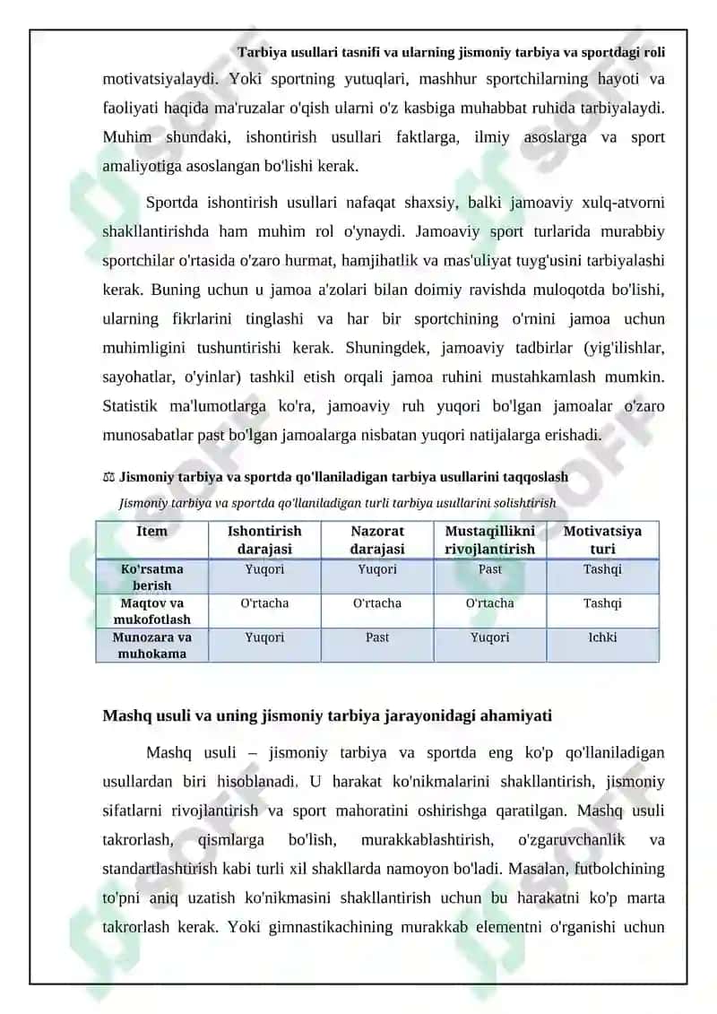 Tarbiya usullari tasnifi va ularning jismoniy tarbiya va sportdagi roli 5