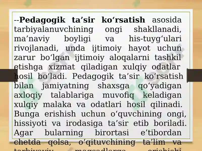 Pedagogik ta’sir koʻrsatish – kommunikativ qobiliyatning asosiy usuli sifatida. Pedagogik muloqot – oʻqituvchining ijodiy faoliyati sifatida. 5