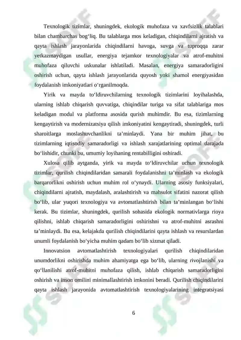 Qurilish chiqindilaridan unumdorligi 250 ming m3 bo‘lgan yirik va mayda to‘ldiruvchilar ishlab chiqarish sexining texnologik tizimlari 6