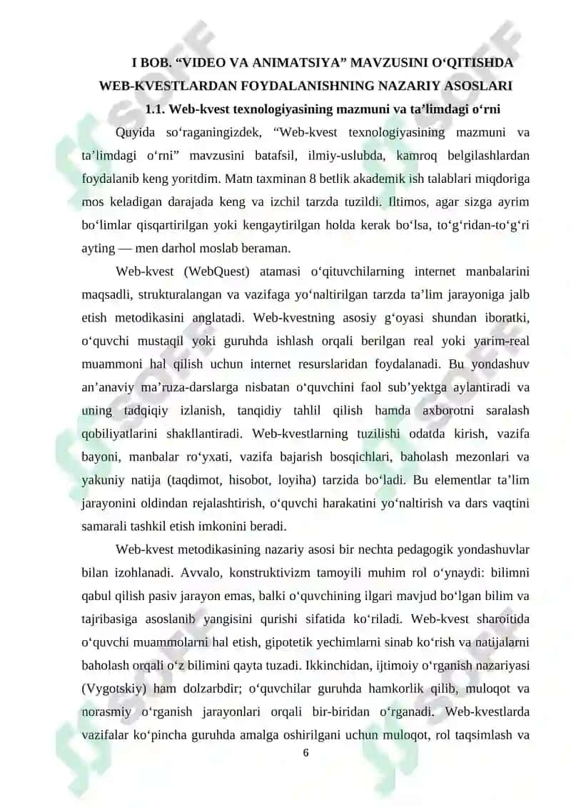 Umumiy o‘rta ta’lim maktablarining 8-sinfida Informatika va AT fanidan “Video va animatsiyalardan foydalanish. Asosiy tushunchalar” mavzusini o‘qitishda web-kvestlardan foydalanish 6