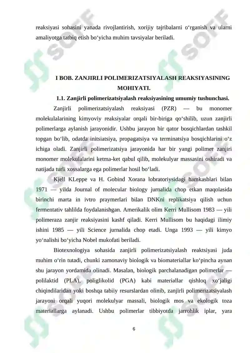 Zanjirli Polimerizatsiyalash Reaksiyasi (PSR) 6