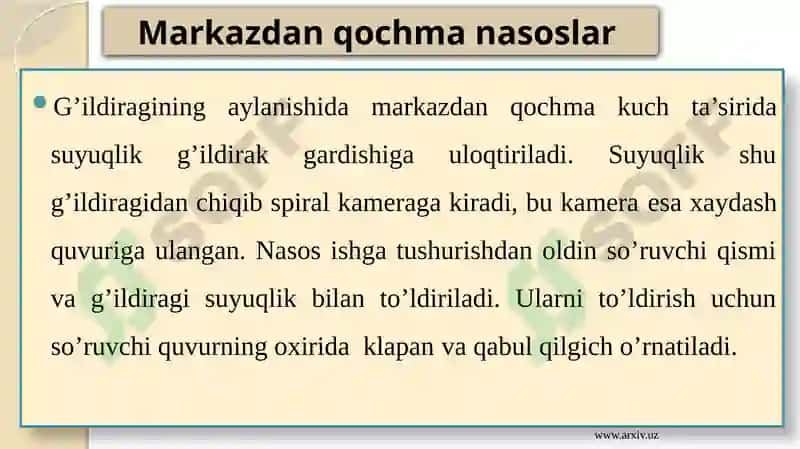 NASOSLAR VA ULARNING TASNIFI. DINAMIK NASOSLAR. PARRAKLI NASOSLARNING TUZILISHI VA ISH PRINSTIPI 6