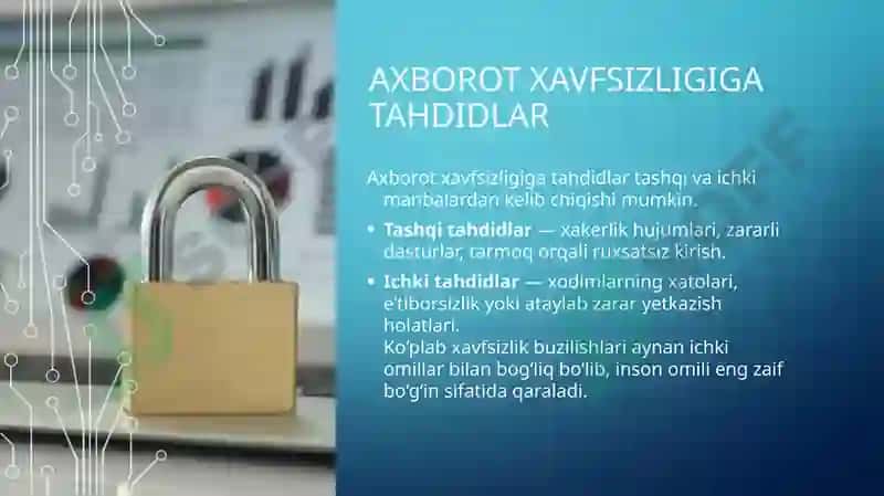 Axborot xavfsizligi va axborotlarni himoyalash usullari. Axborotlarni himoyalashning texnik va dasturiy vositalari 6