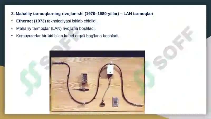 Kompyuter tarmoqlarining rivojlanish tarixi.  Kompyuter tarmoqlarining rivojlanish bosqichlari, Kompyuter tarmoqlarining rivojlanishiga muhim hissa qo’shgan kishilar, kompyuter tarmog‘I tushunchasi, kompyuter tarmog‘ining tarkibi. Kompyuter tarmoqlarining asosiy qurilmalari. 6