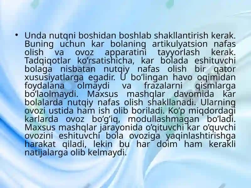 Zaifeshituvchi bolalarning og’zaki nutq ko’nikmalari va bilimlarini o’ziga xostomonlari 6