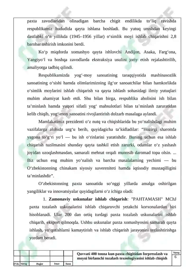 Quvati 400 tona paxta chigitidan forfreslash va moyin birlamchi tayorlash texnalogiyasi 6