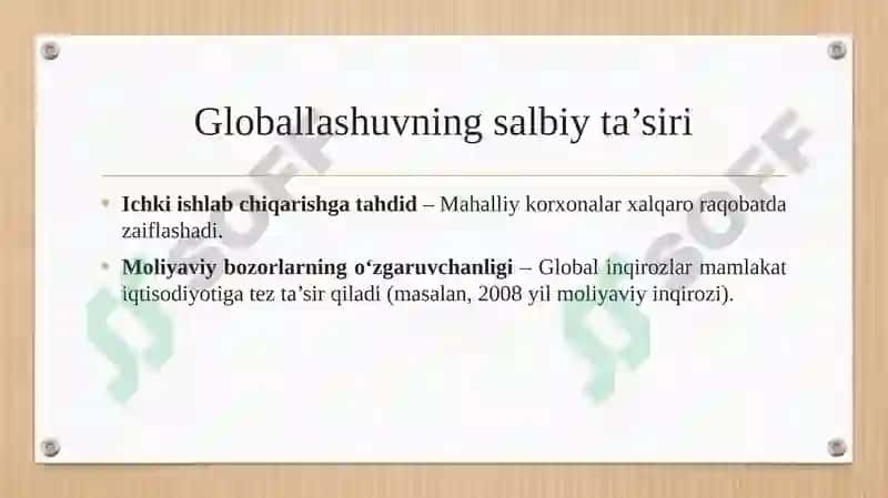 GLOBALLASHUVNING MAMLAKATLAR IQTISODIY XAVFSIZLIGIGA TA'SIRI. 6