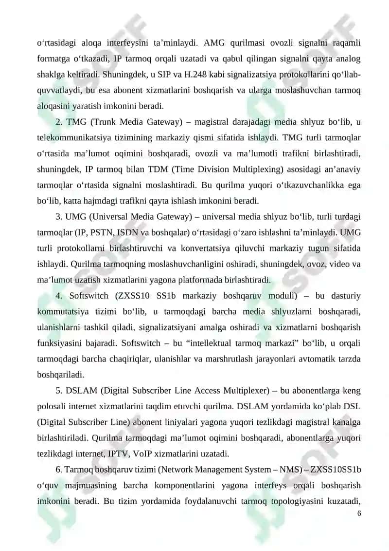 ZXSS10SS1b o'quv tarmoq uskunalari,media shlyuzlari turlarini o'rganish, AMG, TMG, UMG, DSLAM mediashlyuzlarining xarakteristikalari. 6