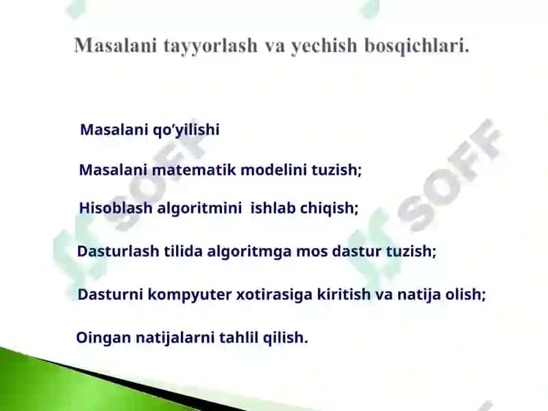 Dastur tushunchasi. Masalani tayyorlash va yechish bosqichlari. Dastur tuzish texnologiyalari. Zamonaviy dasturiy vositalar tasnifi. 6