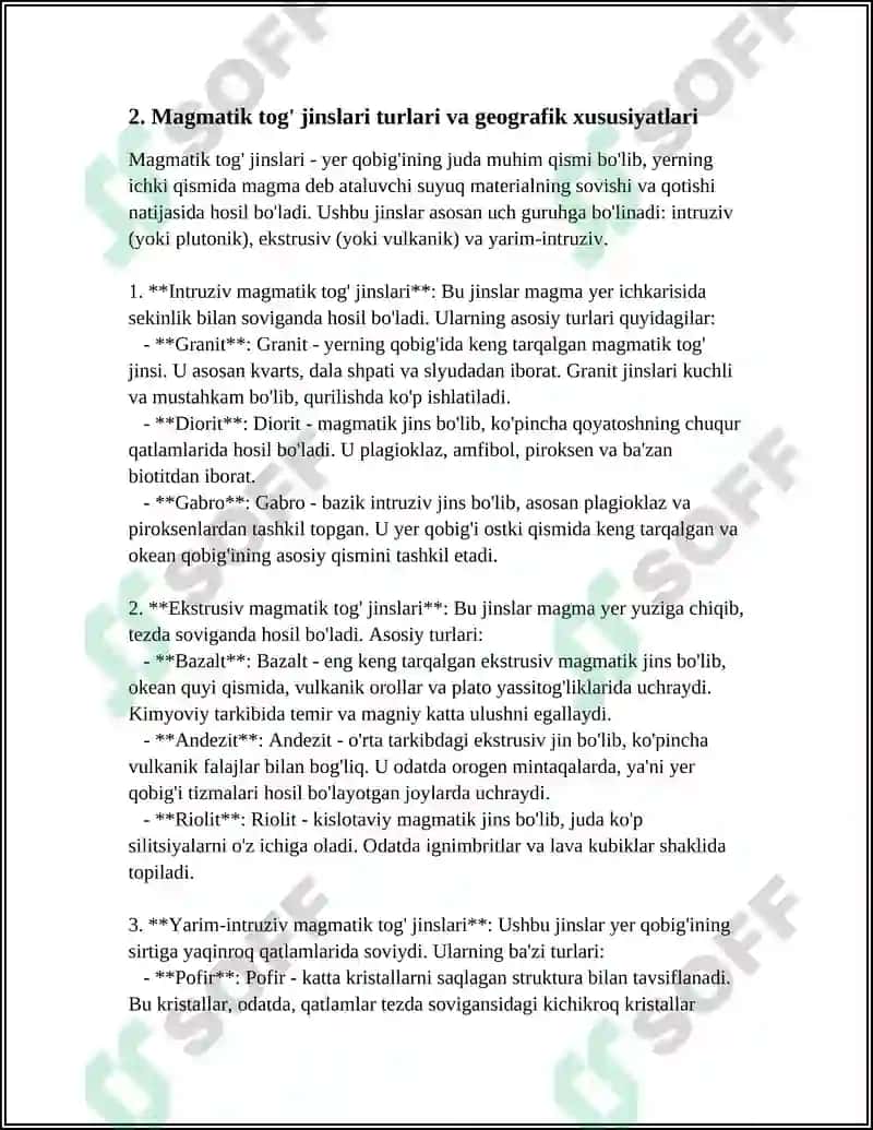 Magmatik, Metamorfik va Cho'kindi Tog' Jinslari Maydon va Xududlardagi Rel'ef Shakllari, Turlari va Tiplari 6
