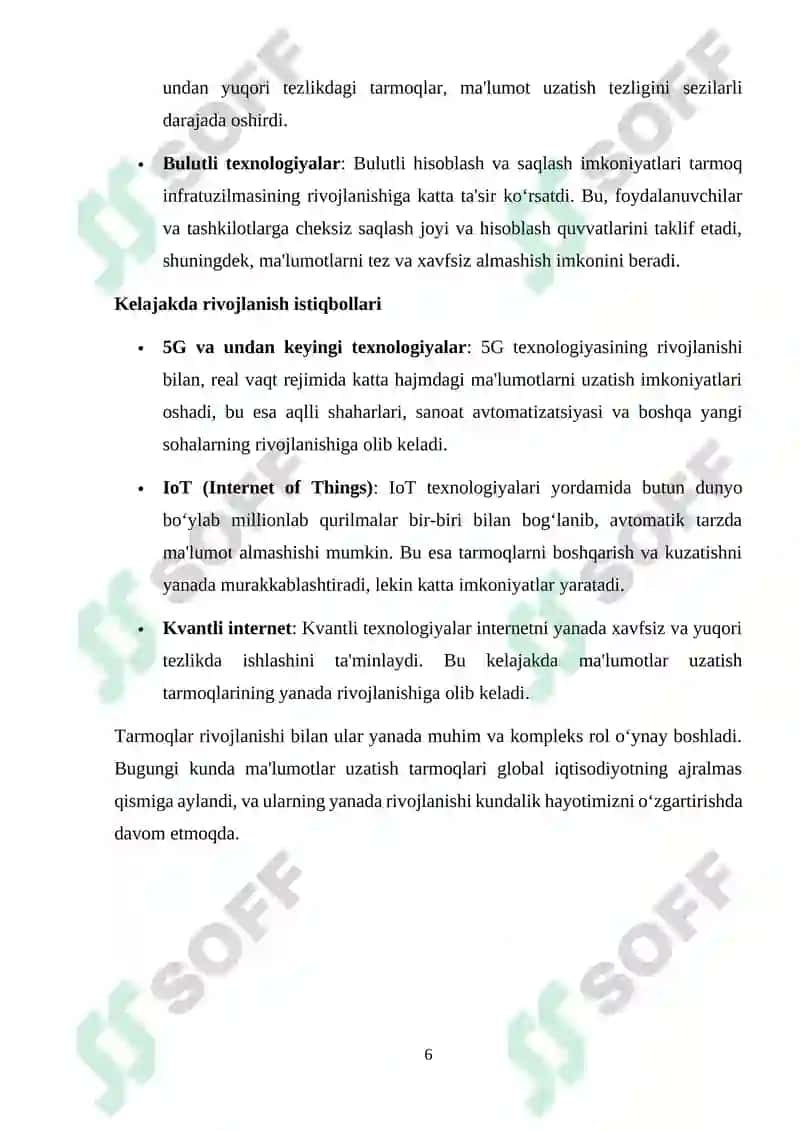 Ma'lumotlar uzatish tarmoqlarining ishonchlilik ko`rsatkichlariga talablar va ularni oshirish usullari. Ma’lumotlar uzatish tarmoqlarida monitoring usullari va protokollari 6