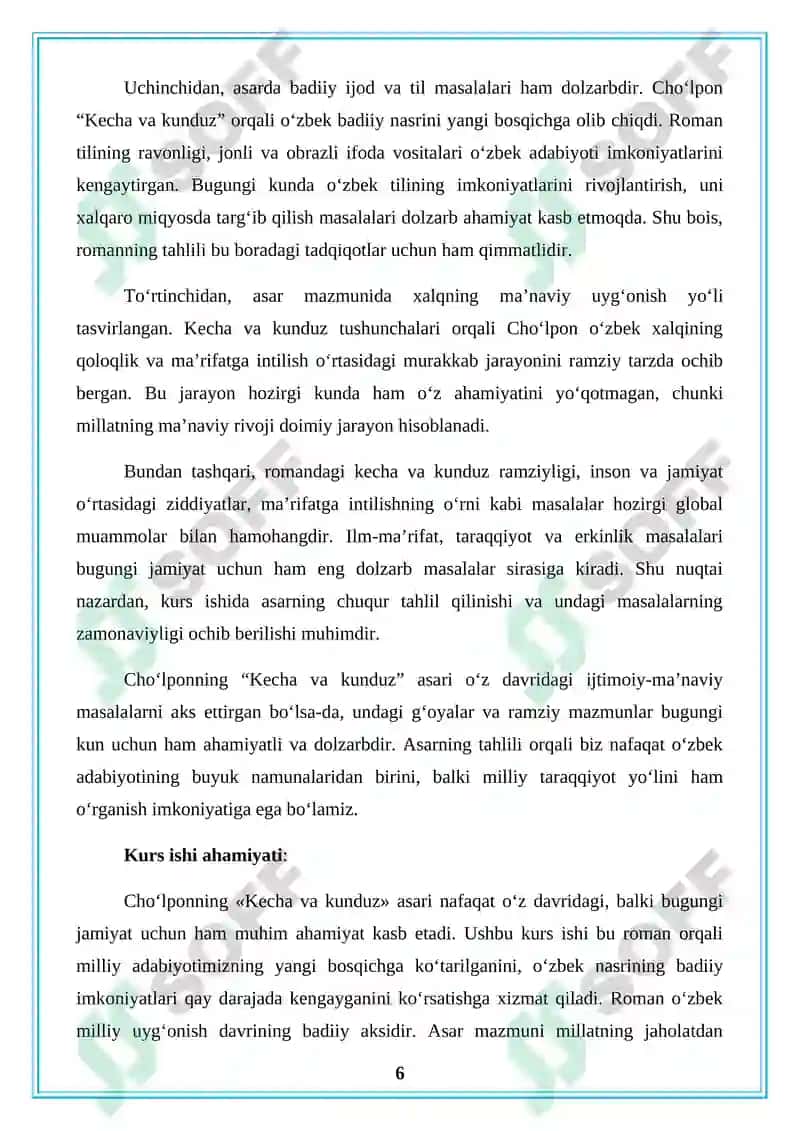 Oʻzbek adabiyoti tarixi fanidan «Choʻlponning «Kecha va kunduz» asari tahlili» 6