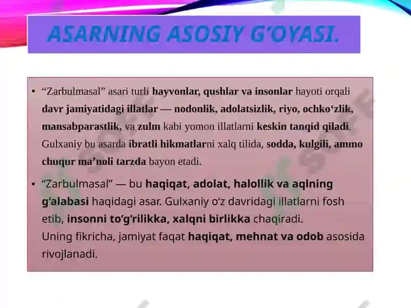 Gulxaniyning Zarbumasal tarkibiga kirgan masallar dalil garisurilgan g‘oyalar 6