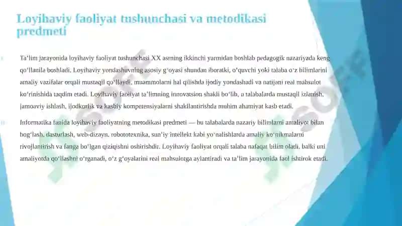 "Informatika fanidan loyihaviy faoliyatni tashkil etish metodikasi" mavzusida taqdimot 6