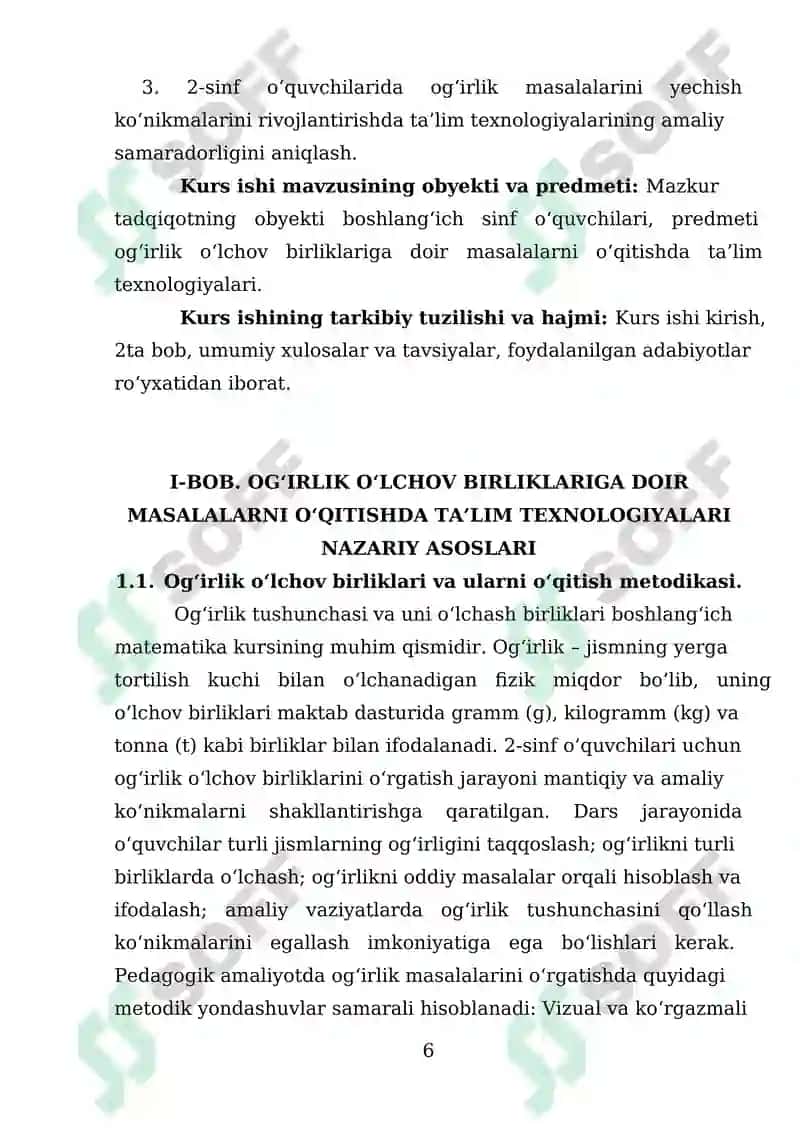 2- sinfda og‘irlik o‘lchov birliklariga doir masalalar bilan tanishtirishda ta’lim texnologiyalari 6