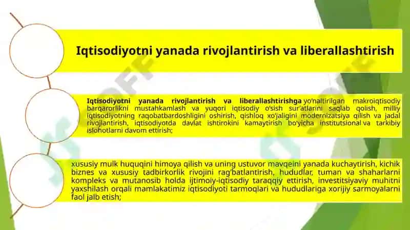 Yangi O‘zbekistonda Prezident Sh.M.Mirziyoyev rahbarligi vatashabbusi ostida amalga oshirilayotgan islohotlar 6