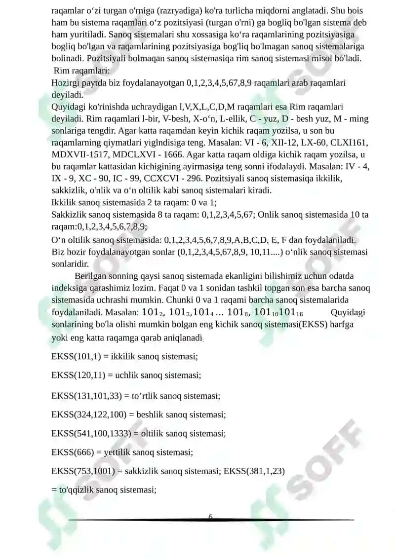 Turli sanoq sistemalarida arifmetik amallar bajarish: qo‘shish, ayirish, ko‘paytirish va bo‘lish. 6
