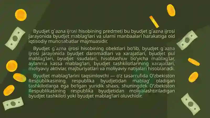 Davlat budjeti va davlat maqsadli jamg'armalari budjeti ijrosi bo'yicha budjet hisobini tashkil etish 6