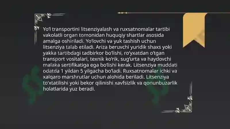 O‘zbekistonda transport xizmatining qonuniy-huquqiy asoslari 6