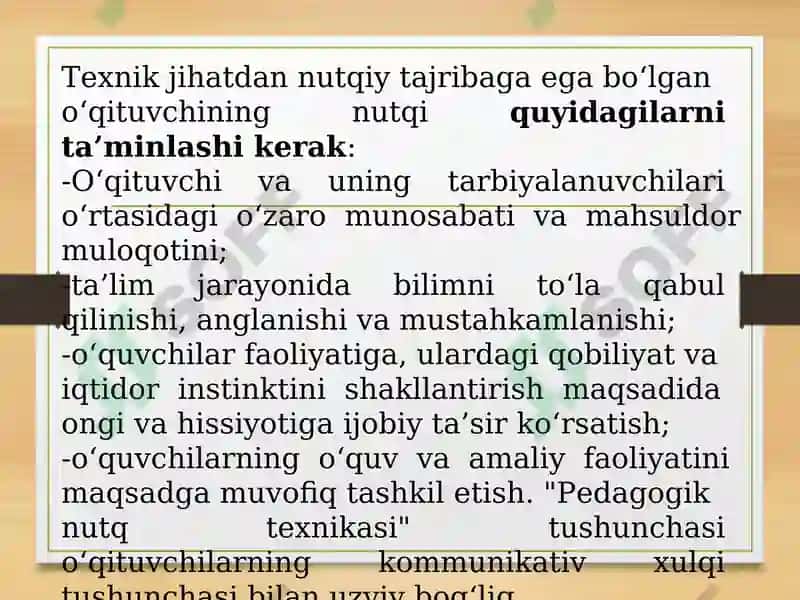 Nutq texnikasini egallash yoʻllari va vositalari. Oʻqituvchining ta’lim jarayonidagi mahorati. 6