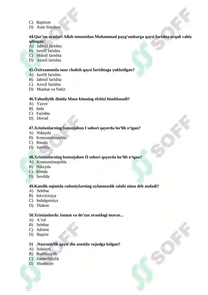 Dinshunoslik fanidan 400 ta test 6