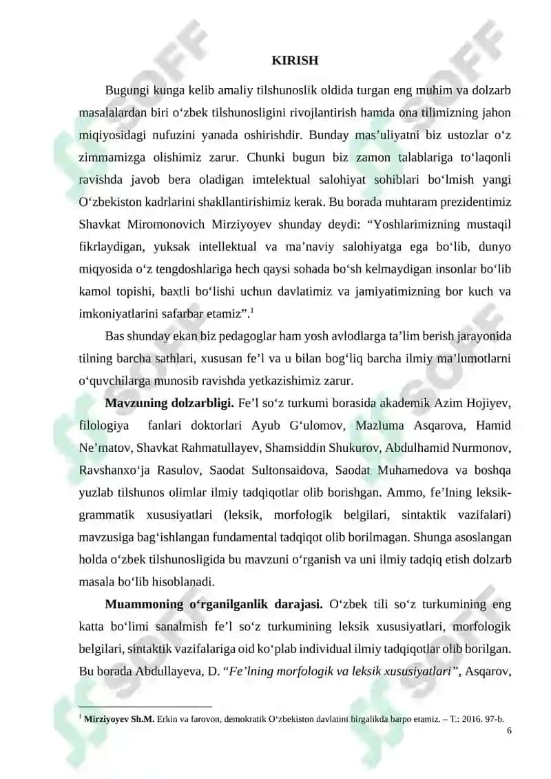"Feʼlning leksik-grammatik xususiyatlari ( leksik, morfologik belgilari, sintaktik vazifalari)" mavzusidagi BITIRUV ISHI 6