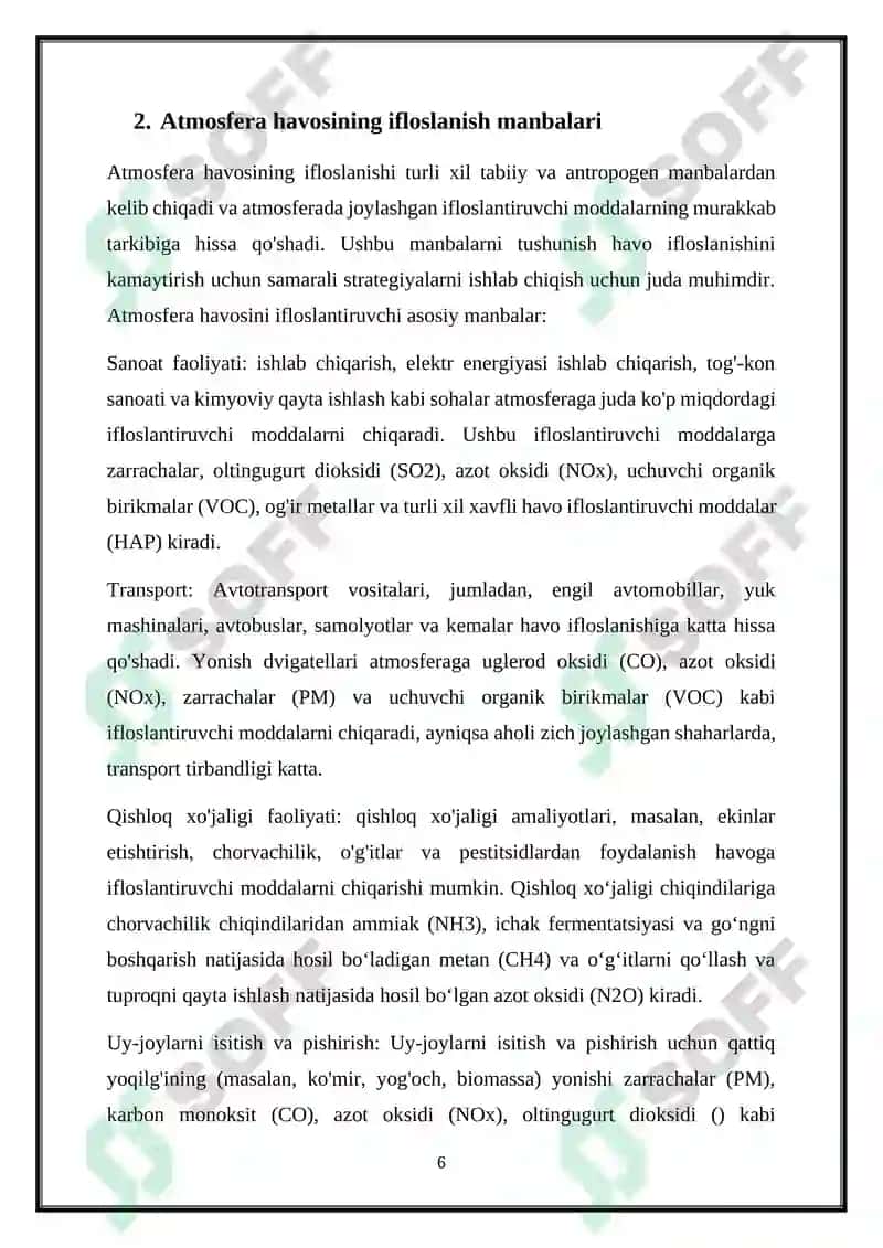 ATMOSFERA HAVOSINI IFLOSLANTIRUVCHI MANBALAR VA BIRIKMALARNI AJRATING 6