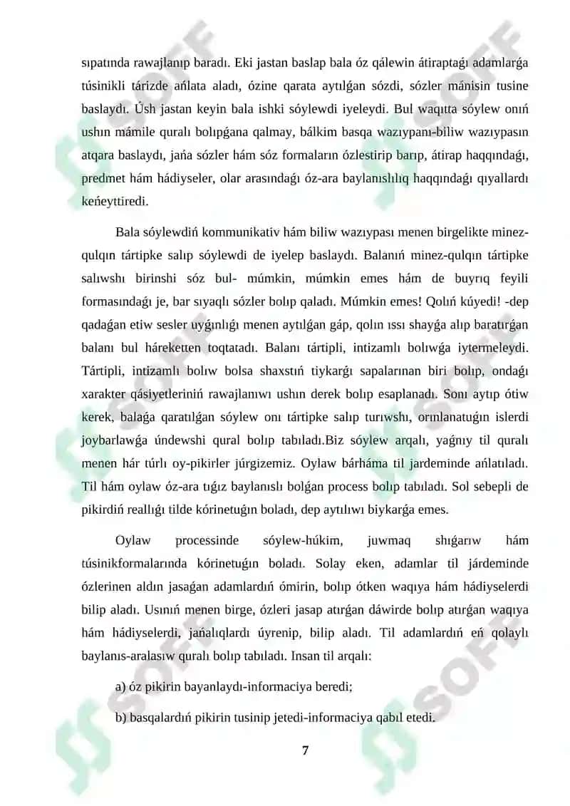 Álipbe dáwirinde oqıwshılardıń sóylewin ósiriw kurs jumısı 7