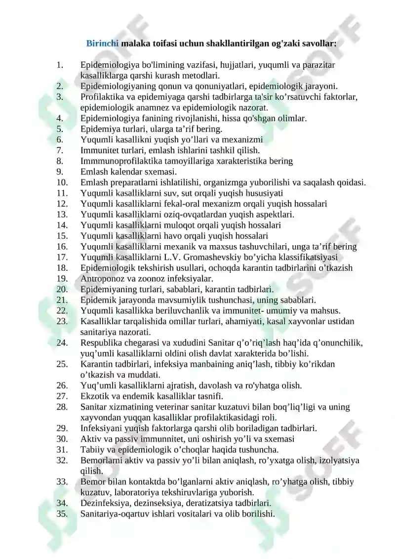 Tibbiy profilaktika ishi (Epidemiolog vrach yordamchilari uchun) mutaxassisligi bo'yicha shakllantirilgan og’zaki savollar ro'yxati 7