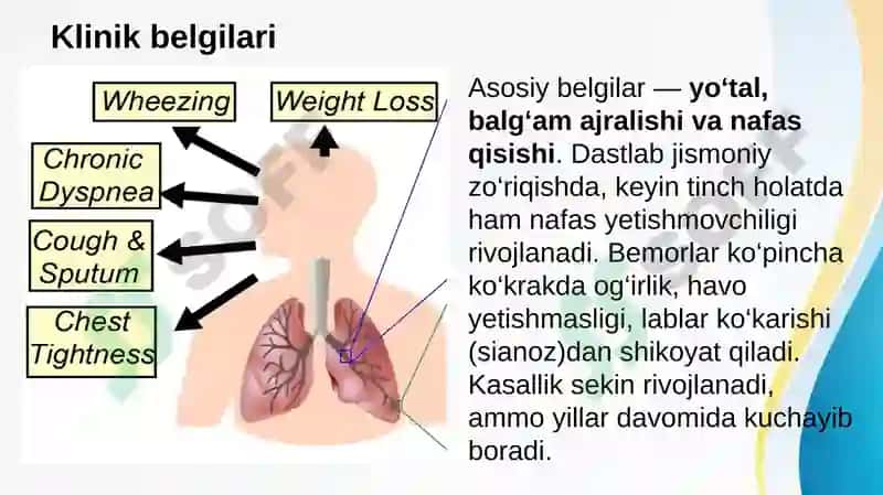O’pkaning surunkali obstruktiv kasalliklari. Pnevmoskleroz. O’pka emfizemasi diagnostikasi (etiologiya, patogenez, klinika, tekshiruv uslublari, kechishi, davolash) 7