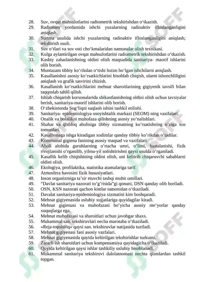 Tibbiy-profilaktika ishi (Sanitar vrach yordamchilari uchun) bo‘yicha shakllantirilgan og‘zaki savollar ro‘yxati 7