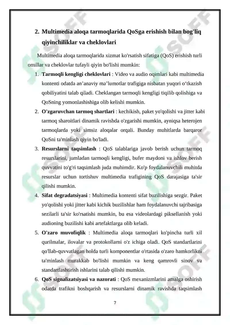 KAFOLATLANGAN XIZMAT MODELI. MULTIMEDIA ALOQA TARMOQLARIDA XIZMAT KO‘RSATISH SIFATI 7