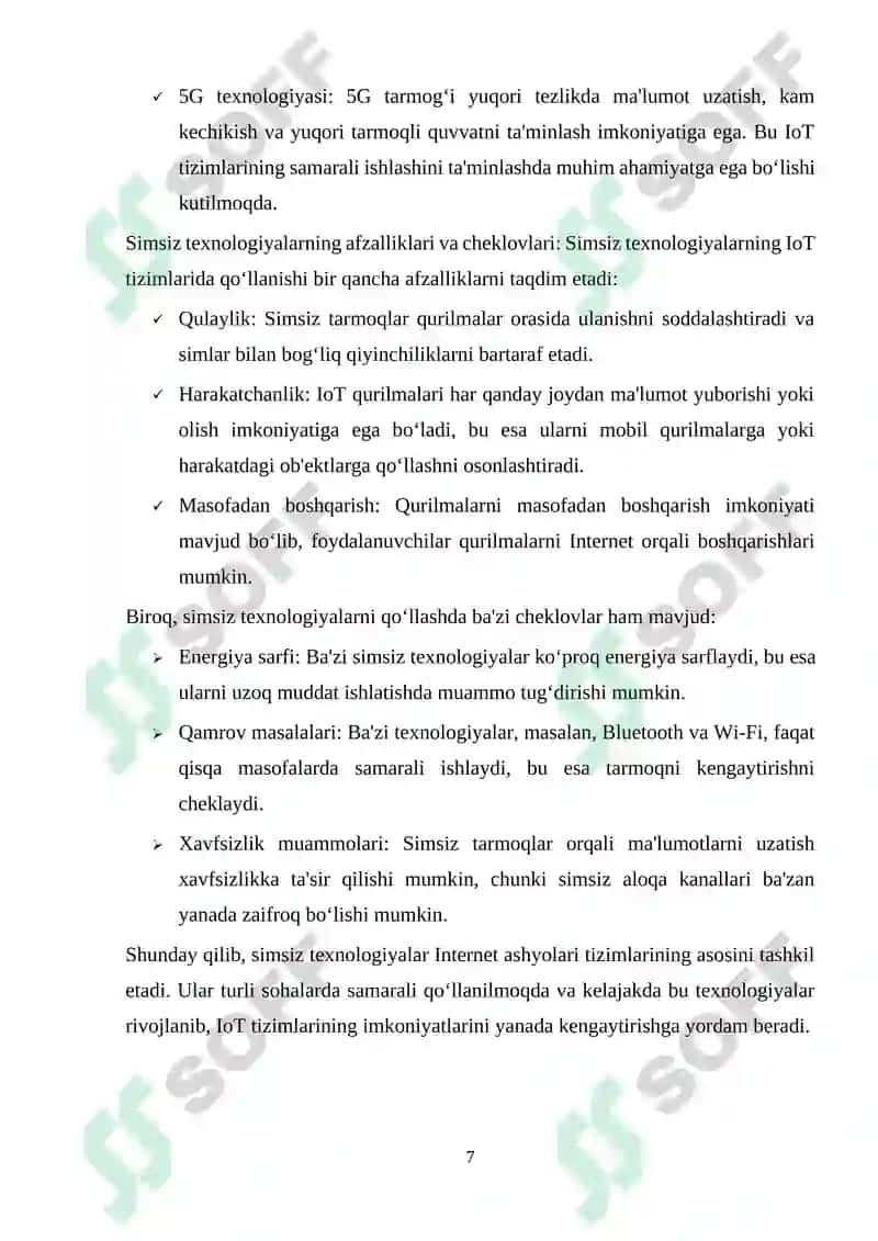 Internet ashyolarida qo‘llaniladigan simsiz texnologiyalari. GPRS, small cell standartlari. Tarmoqning strukturasi va topologiyasi. 7