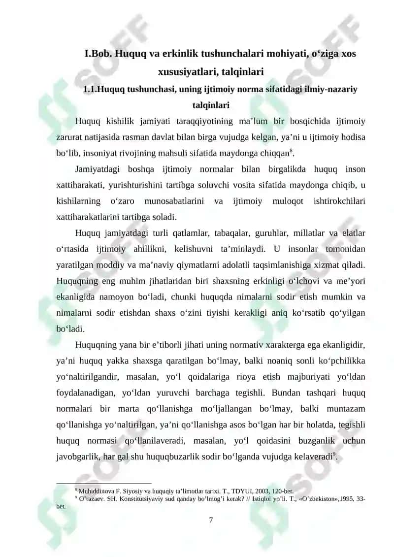 HUQUQ  ERKINLIKNING UMUMIY VA ZARURIY SHARTI VA UNING MAZMUN-MOHIYATI 7