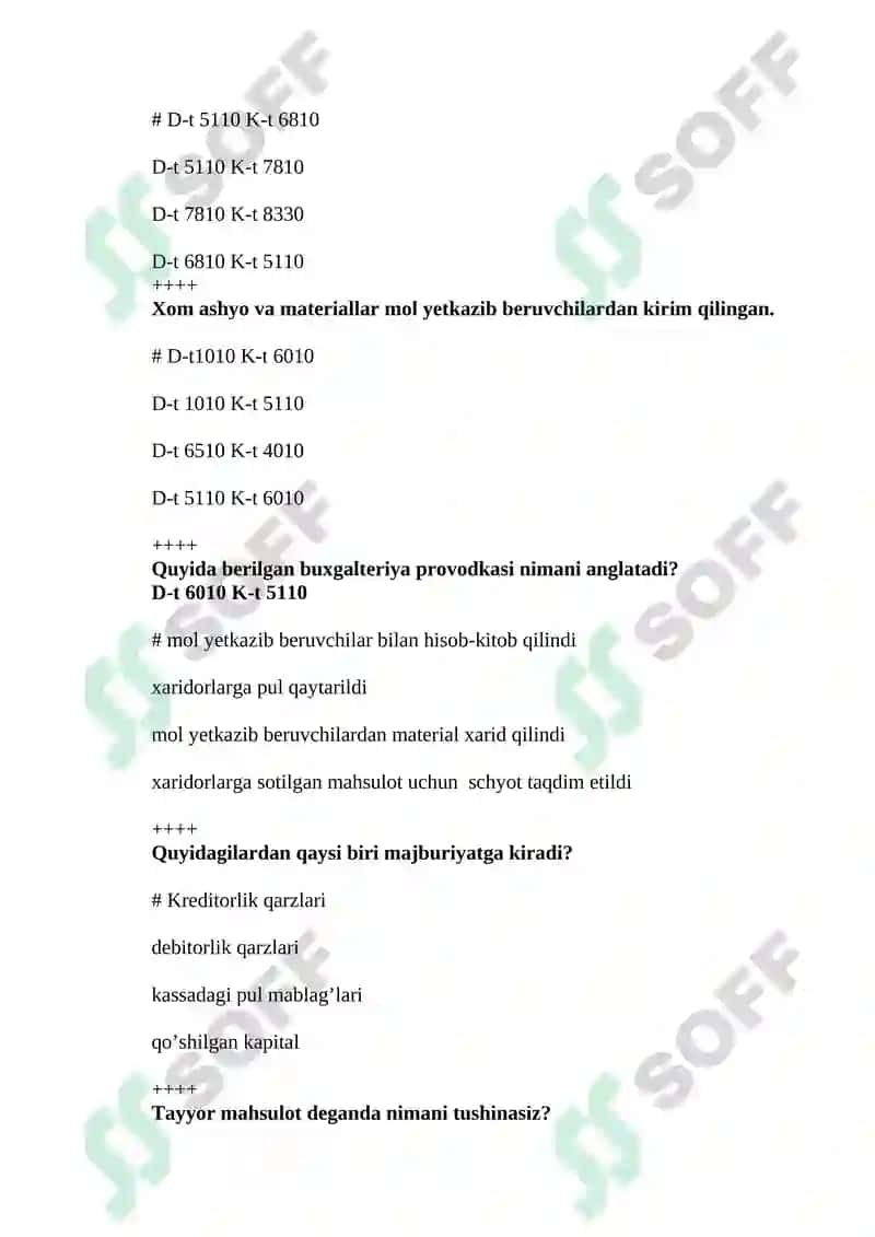 Buxalteriya fanidan yakuniy bosqichiga tushadigan savollar. 7