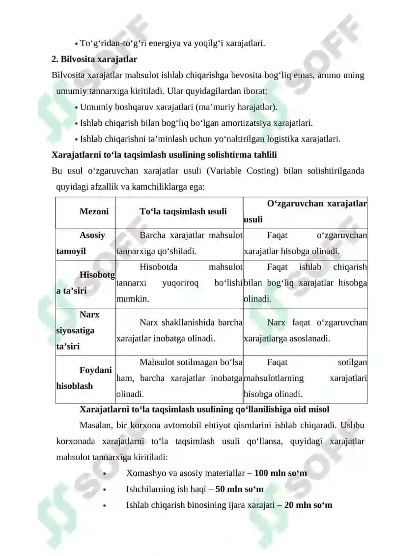 XARAJATLARNI TO‘LA TAQSIMLAB VA O‘ZGARUVCHAN XARAJATLAR BO‘YICHA TANNARXNI KAL'KULYASIYA QILISH USULI. 7