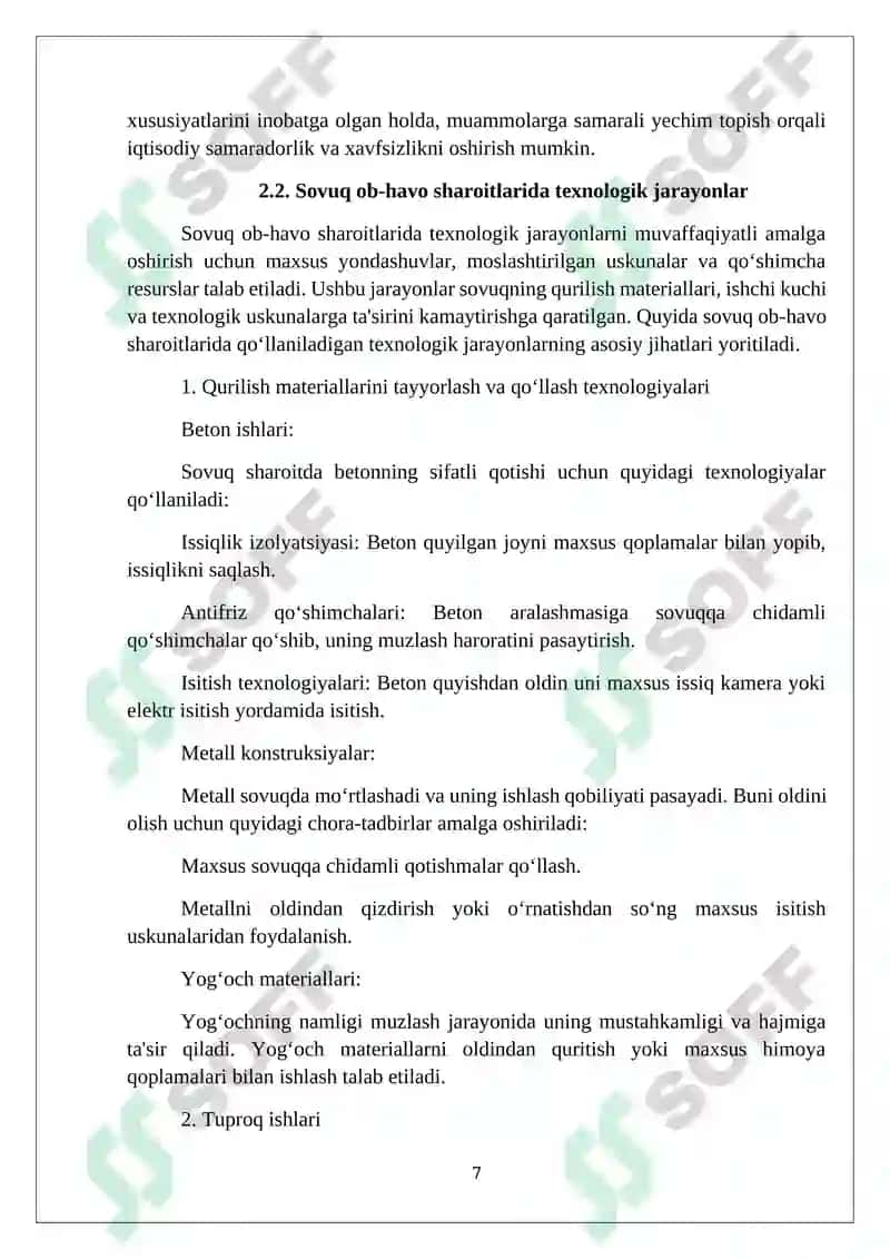 Past yoki sovuq ob-havo sharoitlarda ishlab chiqarish sifatini ta'minlashning oʻziga xos xususiyatlari; 7