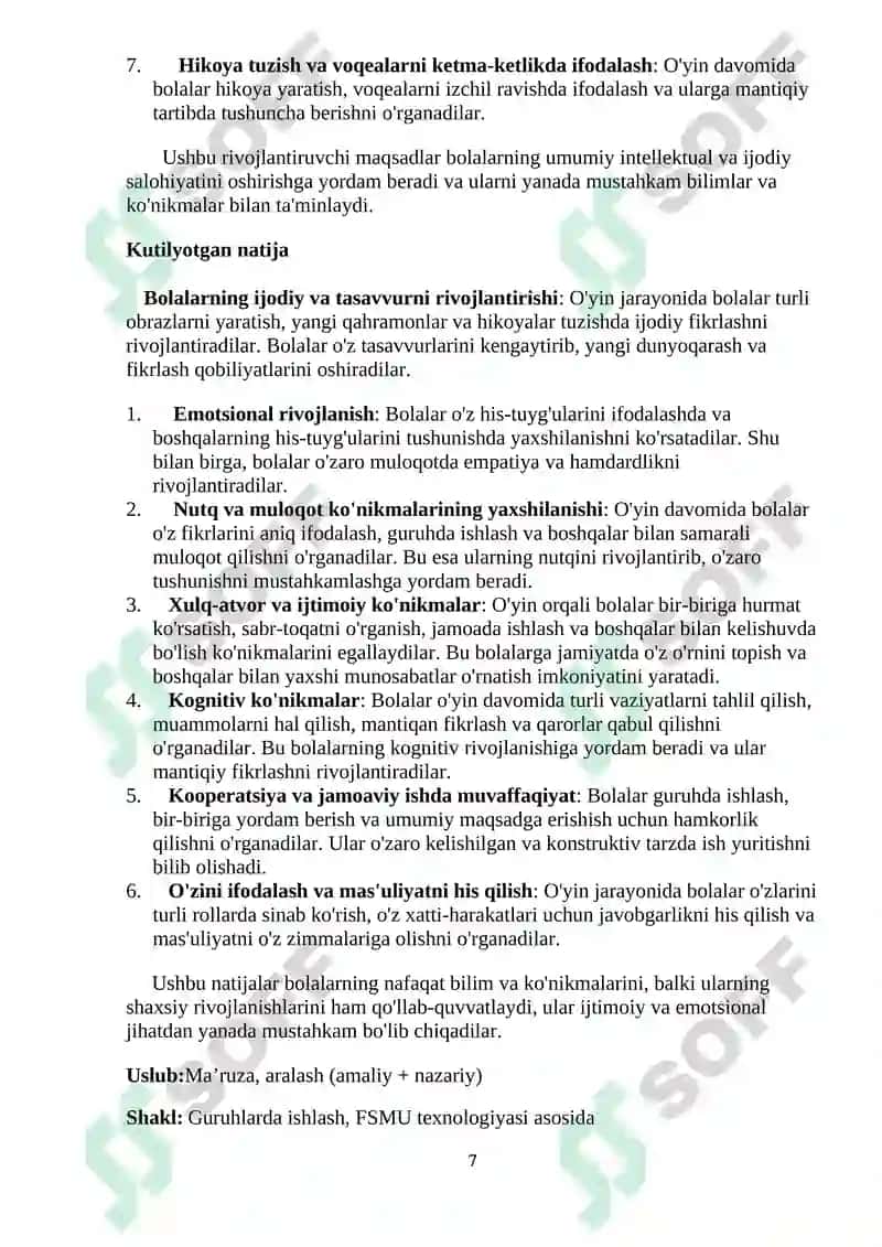 Teatrlashgan o’yin, ertak; (o’rta guruh) ‘’Qo’lqopchalar’’. Sujetli-rolli va  sahnalashtiruvchi markazi 7