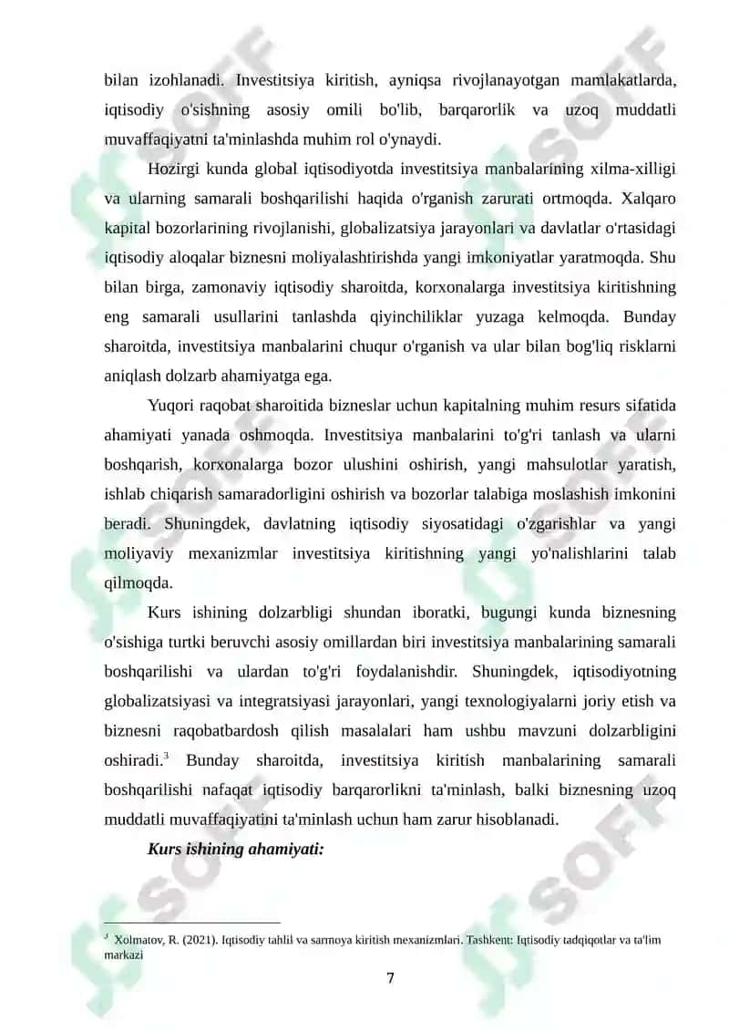 Biznesga investitsiya kiritish manbalari 7