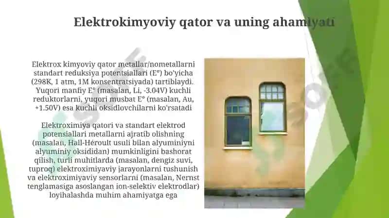 Metallarning standart elektrkimyoviy potensiallari qatori va uni qõllanishi 7