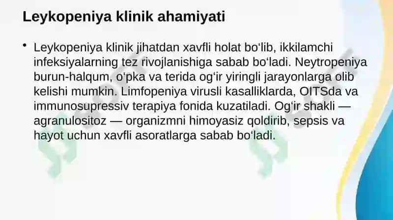 Qon patofiziologiyasi. Leykotsitoz, leykopeniya va leykomoid reaksiyalar. Leykoz va uning turlari 7