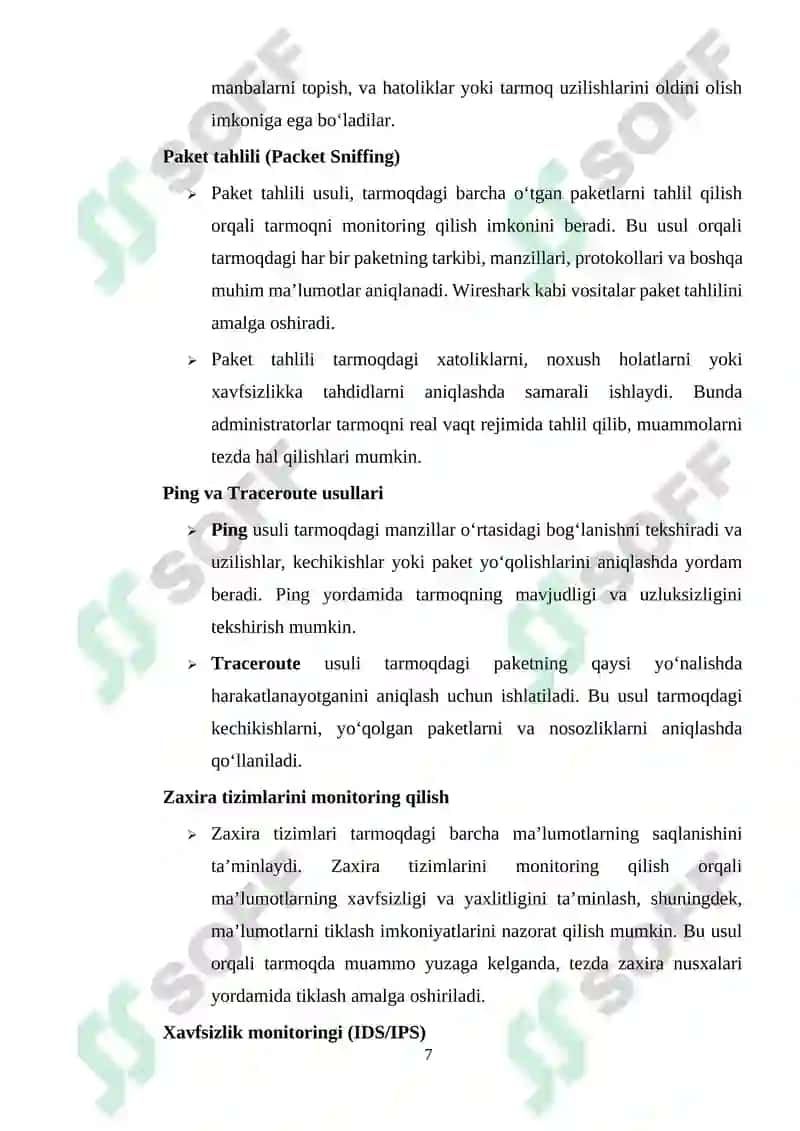 Ma’lumotlar uzatish tarmoqlarining ishonchlilik ko`rsatkichlariga talablar va ularni oshirish usullari. Ma’lumotlar uzatish tarmoqlarida monitoring usullari va protokollari 7