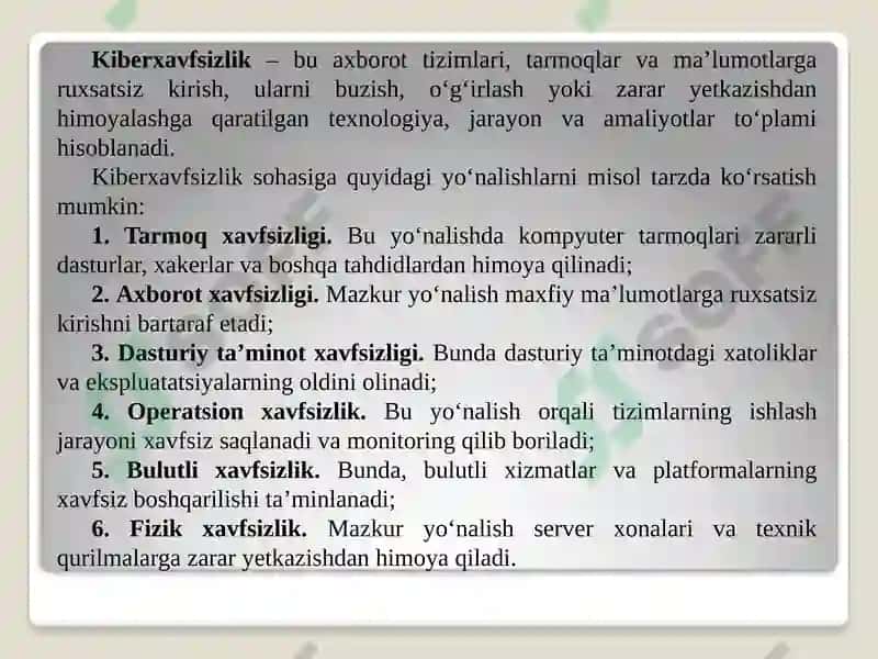 Axborottexnologiyalari fanidan Ma’ruzamavzu: Kiberxavfsizlik asoslari 7