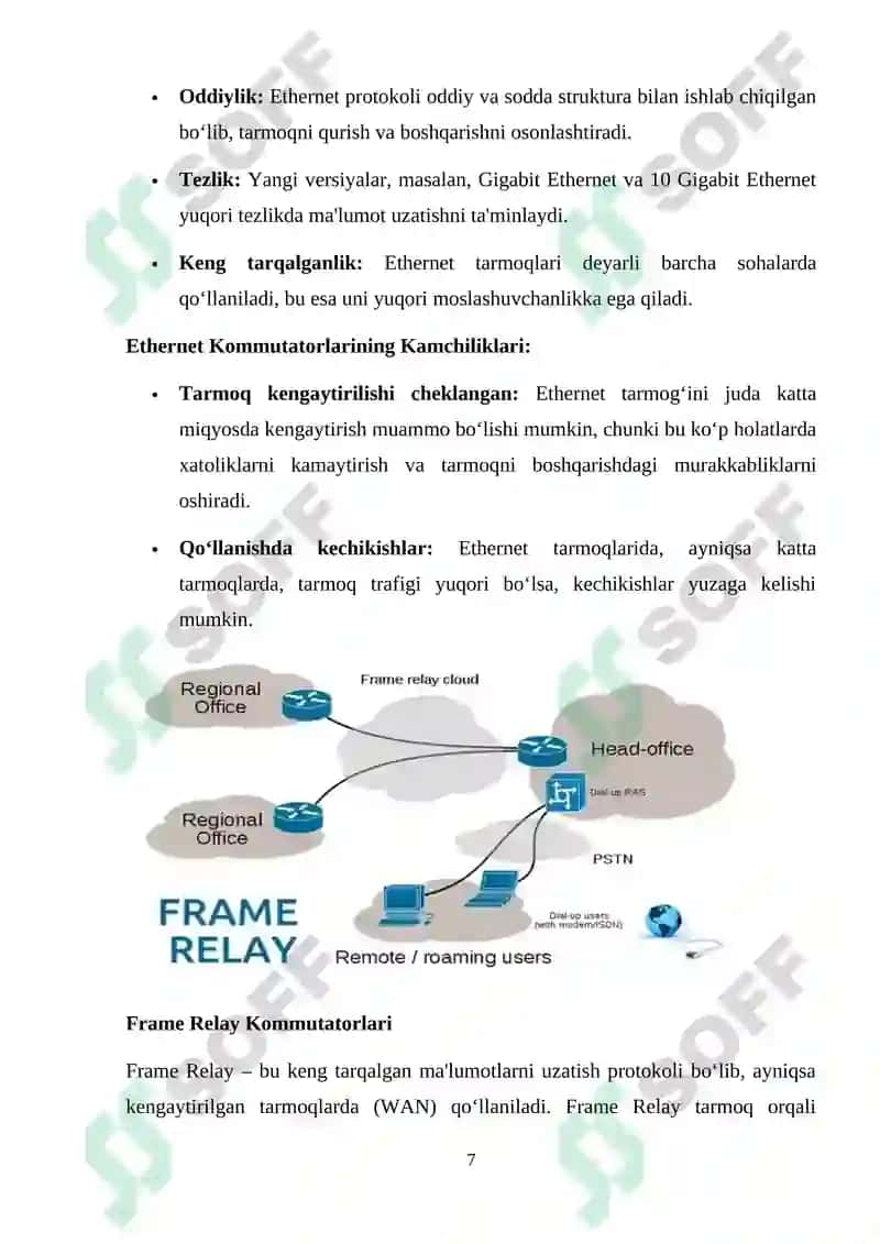 Kanal pog‘onasining protokollari (Frame Relay, ATM, Ethernet). Kommutatorning funksional modeli, turlari va MAC-jadvalning ishlash tamoyillari 7