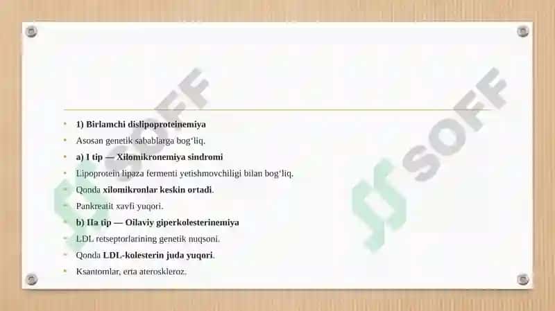 DISLIPOPROTENEMIYA TURLARI. OSHQOZON SUYUQLIGI TASHXISINING KLINIK AHAMIYATI. GIPERASID HOLATLAR VA OSHQOZON-ICHAK YARA KASALLIKLARIDA ANTASID PEREPARATLARNI QO'LLASHNING BIOKIMYOVIY ASOSLARI. 7