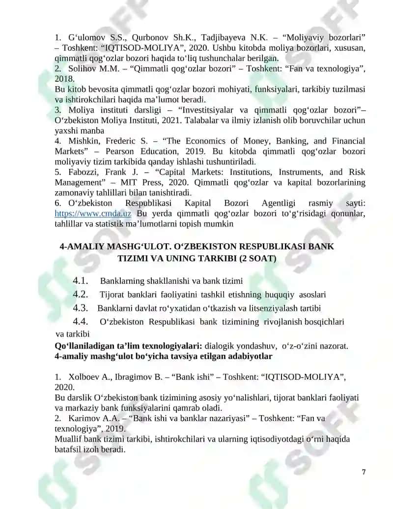BANK VA MOLIYA BOZORLARI Amaliy Mashg'ulotlari 7