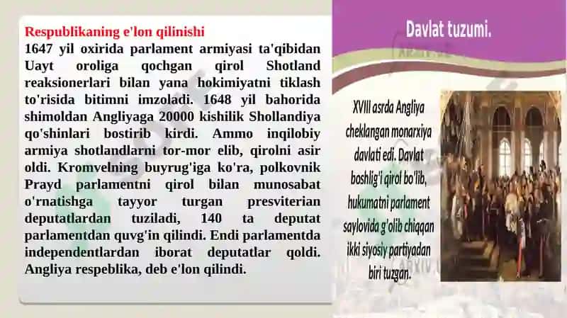 XVII asr o`rtalari va XIX asr birinchi yarmida Angliya 7