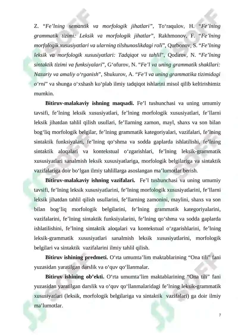 "Feʼlning leksik-grammatik xususiyatlari ( leksik, morfologik belgilari, sintaktik vazifalari)" mavzusidagi BITIRUV ISHI 7